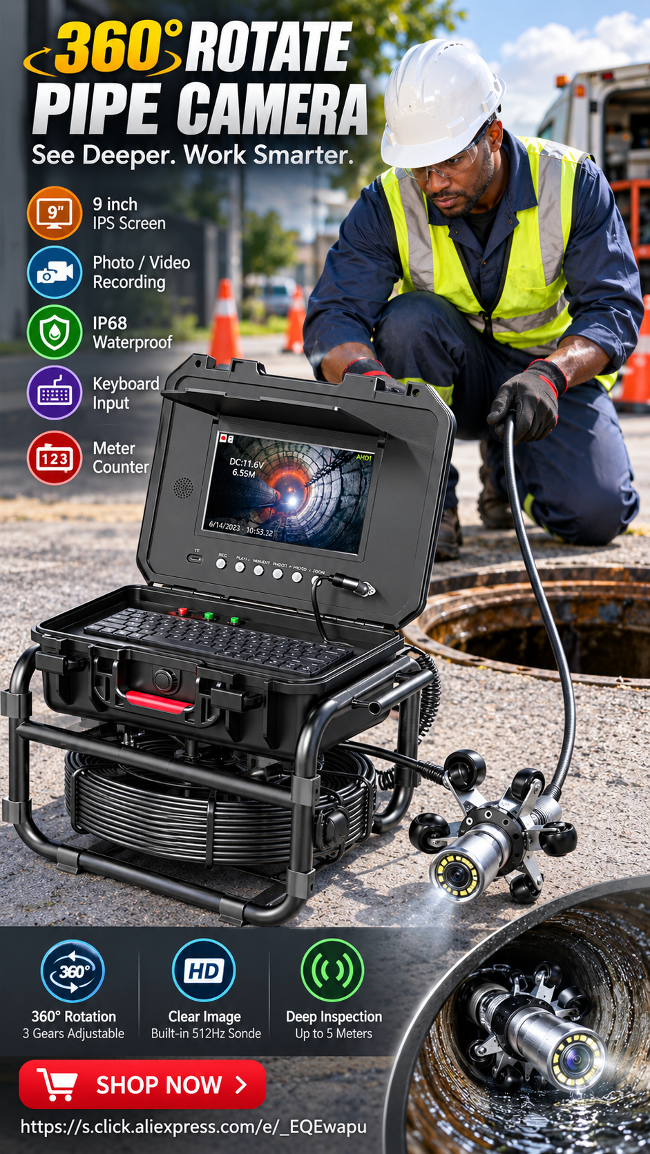 Professional promotional image showing a 360-degree pipe inspection camera system with display, cable reel and camera head.