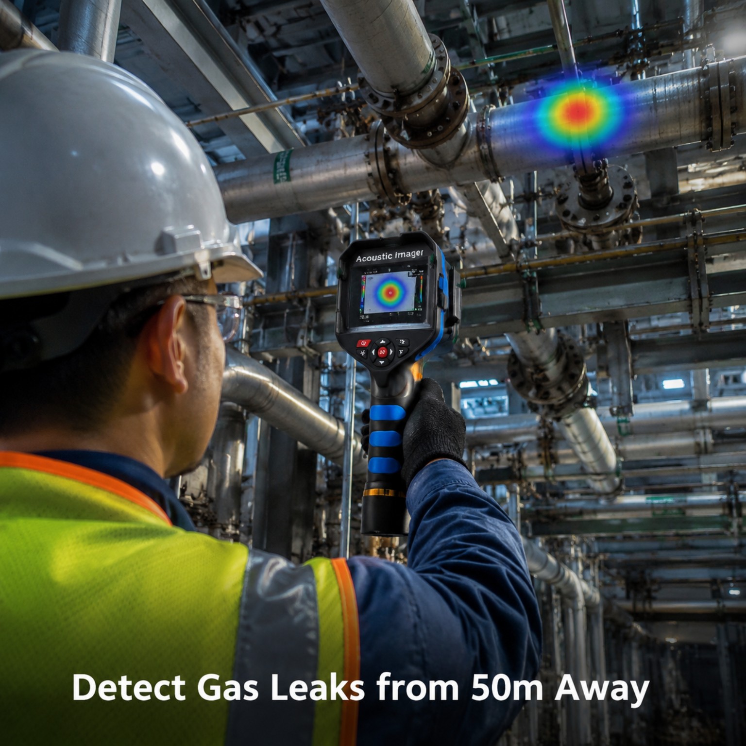 Technician using the 956D acoustic imager to scan industrial pipework from a distance.