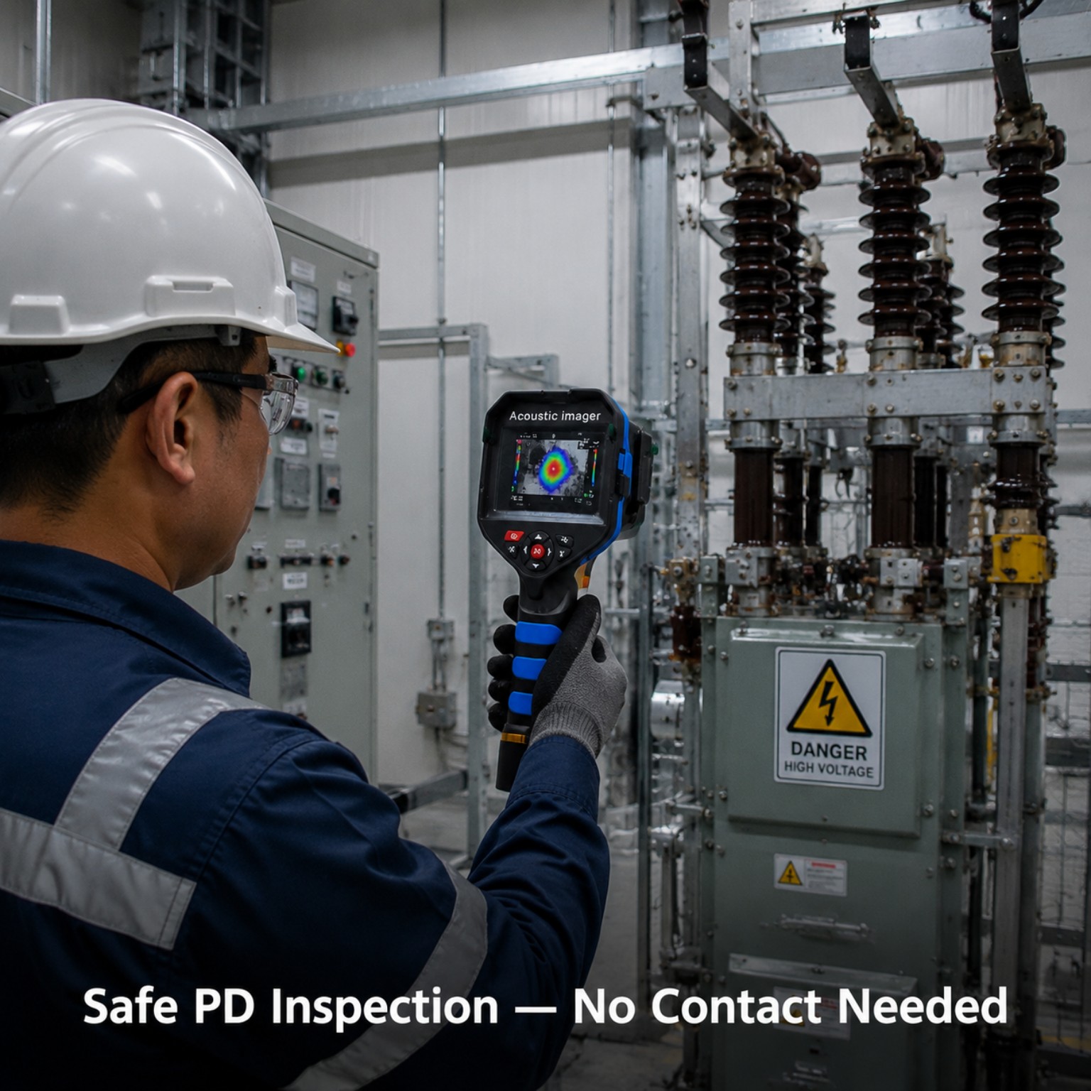 Technician conducting a non-contact acoustic survey of high-voltage switchgear using a handheld imager.