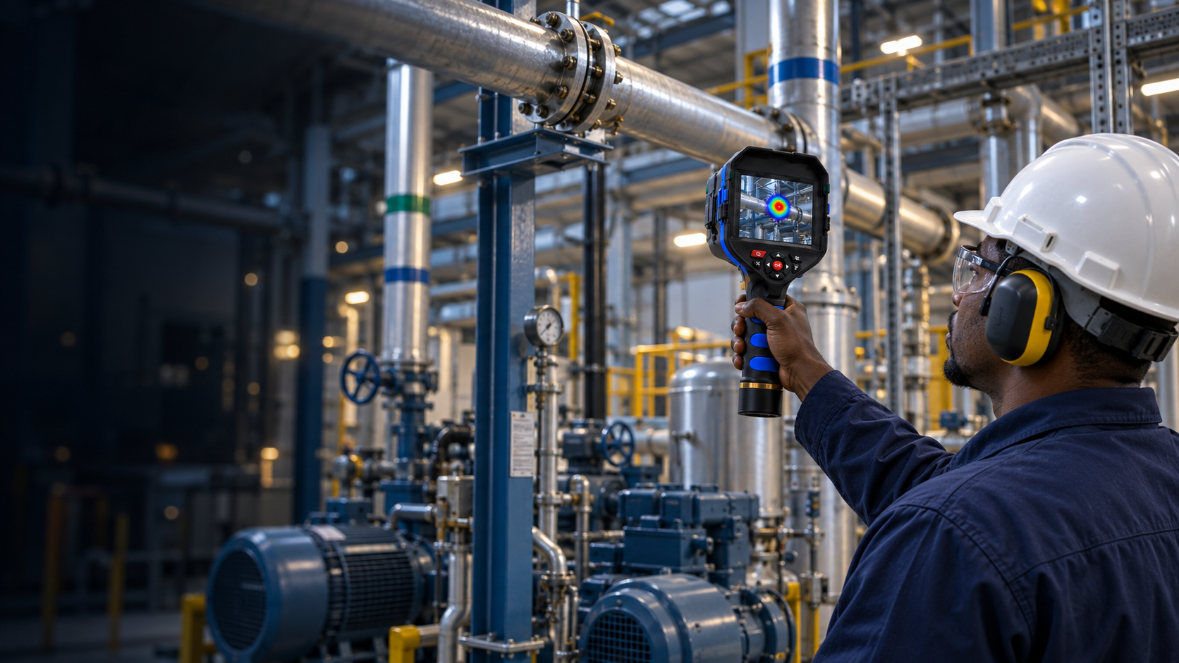 African reliability engineer using a blue handheld acoustic imaging camera to inspect an elevated compressed-air pipe flange from a safe distance.