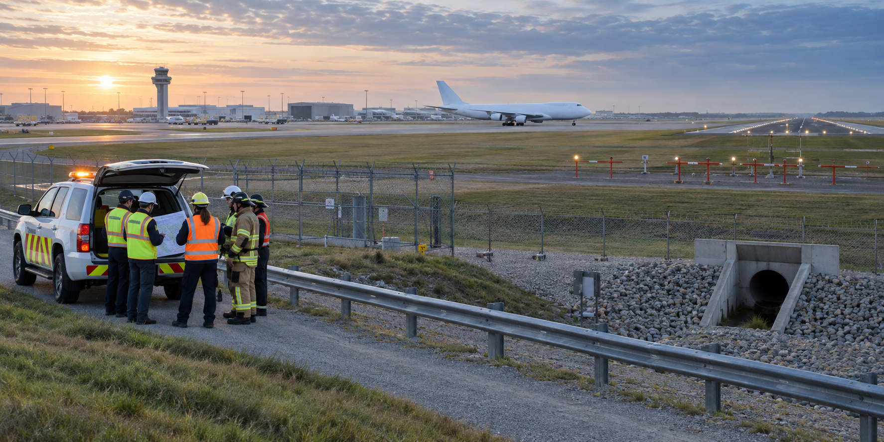 A multi-agency safety team reviewing an emergency plan beside an airport perimeter road, with a generic cargo aircraft and runway in the background.