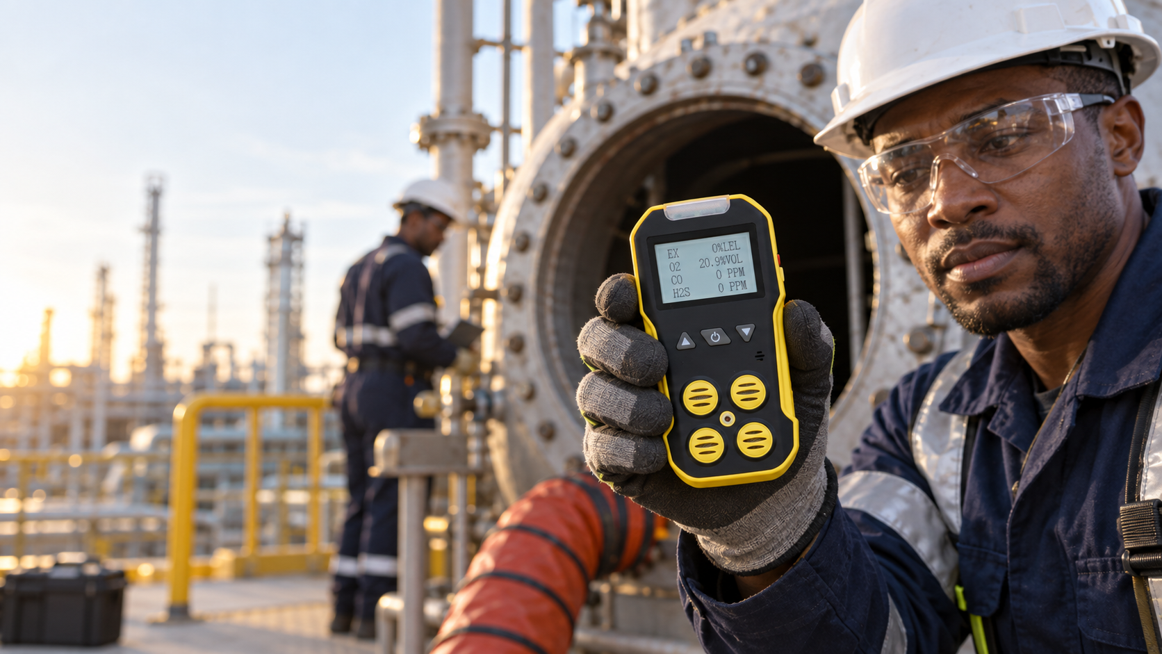 Industrial safety technician holding a yellow-and-black BH-4 portable four-gas detector beside a process-vessel access point.