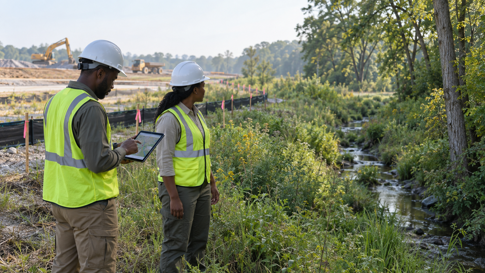 Illustrative environmental field review before industrial work begins.