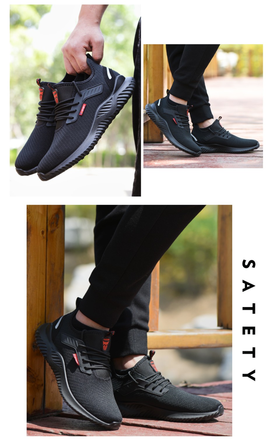 Black mesh safety shoes shown being carried and worn during everyday walking.