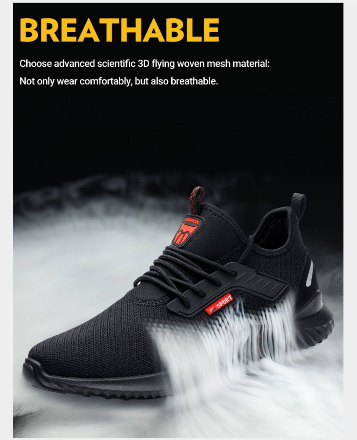 Seller graphic illustrating airflow through the black knitted mesh upper of a work shoe.
