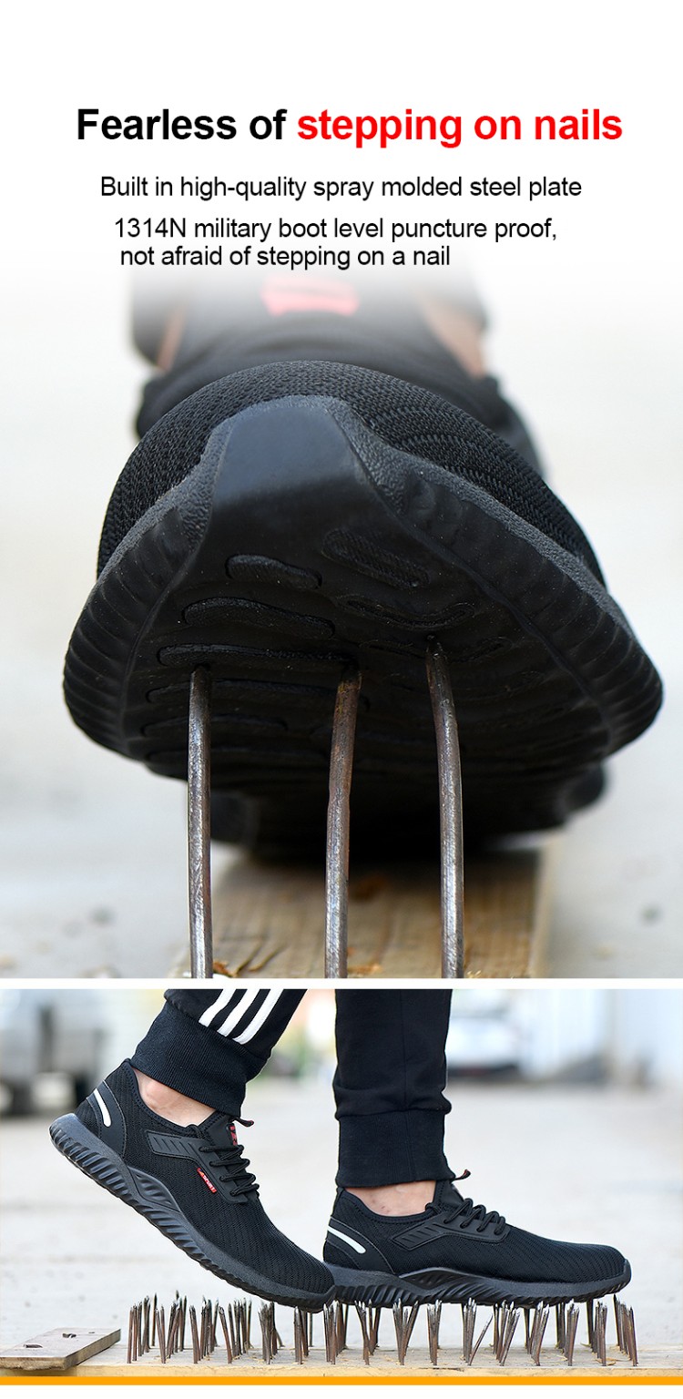 Seller demonstration graphic showing a black work shoe above nails to illustrate a claimed puncture-resistant sole.
