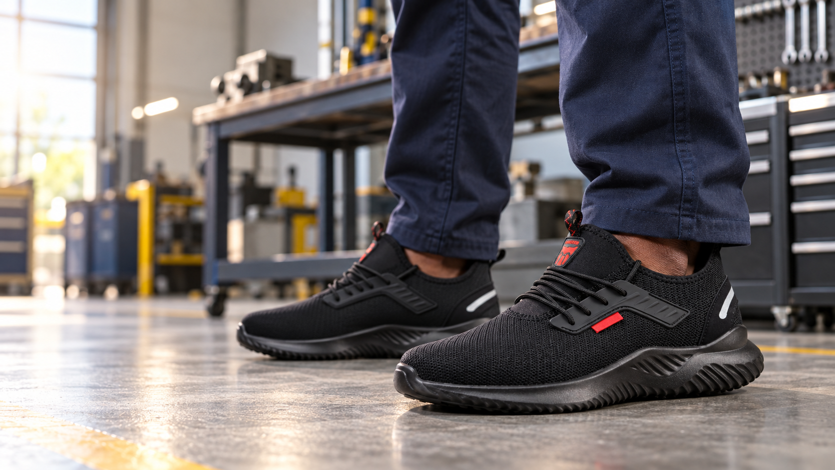 African industrial maintenance worker wearing black breathable mesh safety shoes on a clean workshop floor.