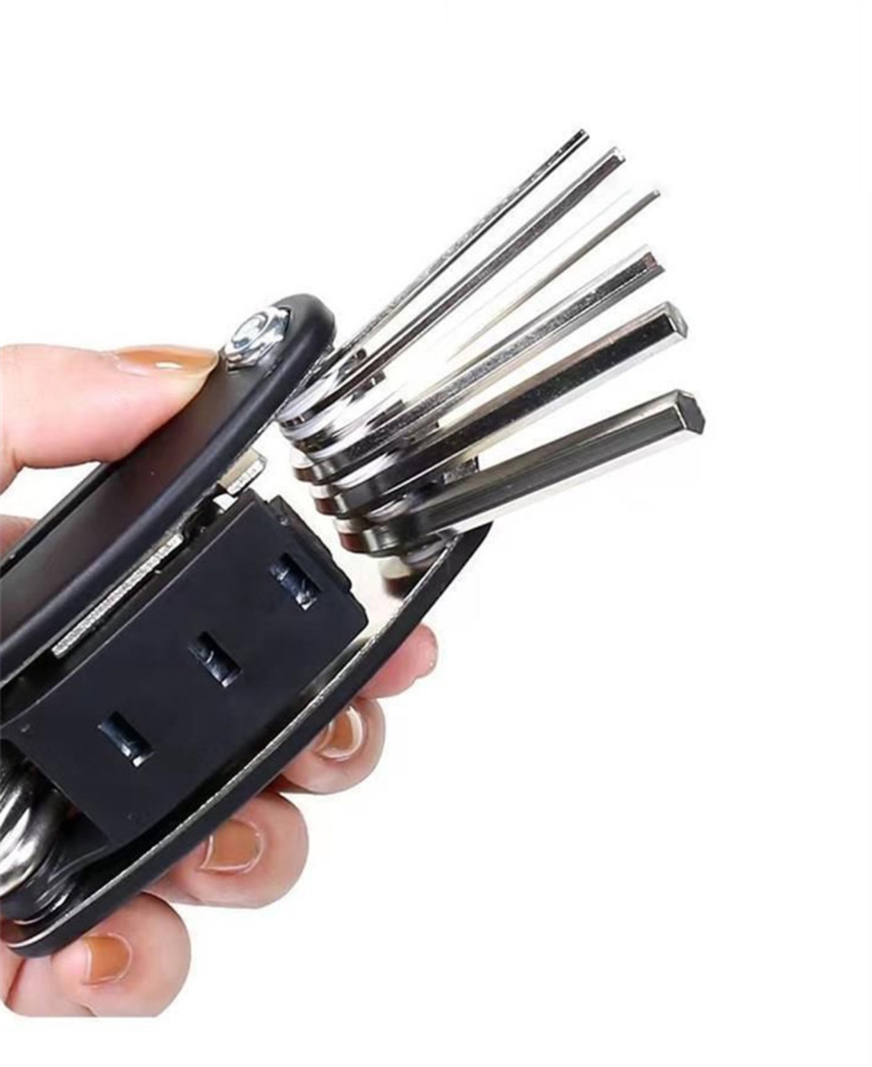 Close view of the six metric hex keys folded open from the black multitool handle.
