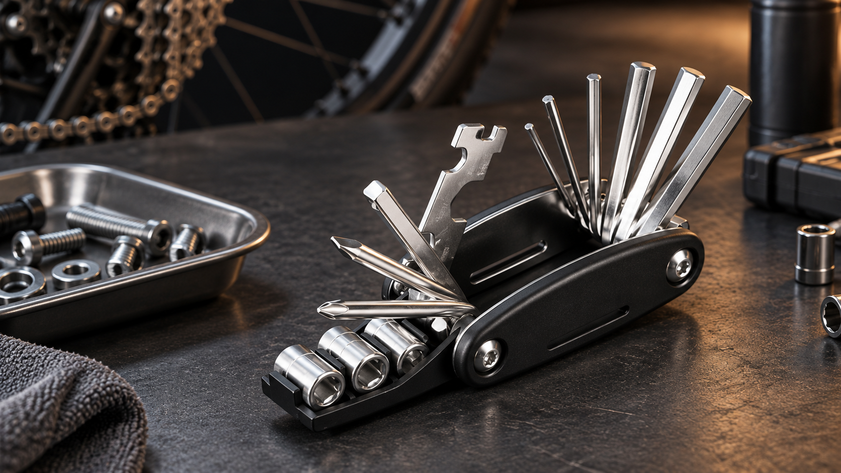 Black folding metric repair multitool opened on a workshop bench beside bicycle components and a tray of fasteners.
