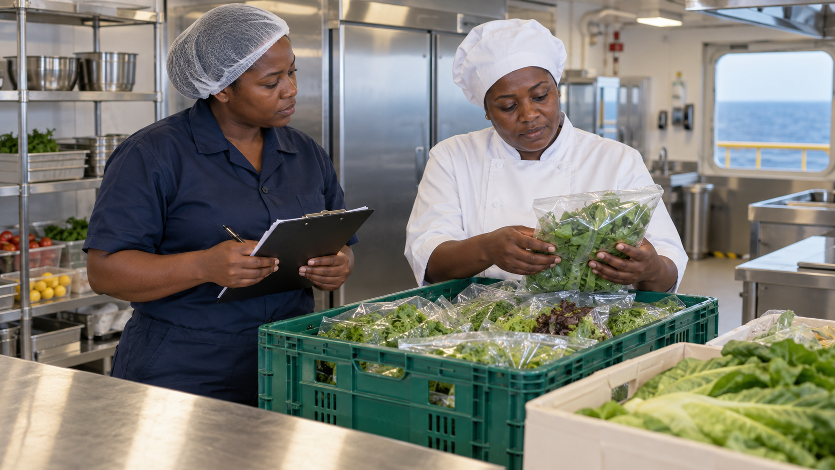 Illustrative workplace catering scene showing a supervisor and chef reviewing incoming fresh-produce deliveries and traceability records; this does not depict the outbreak.