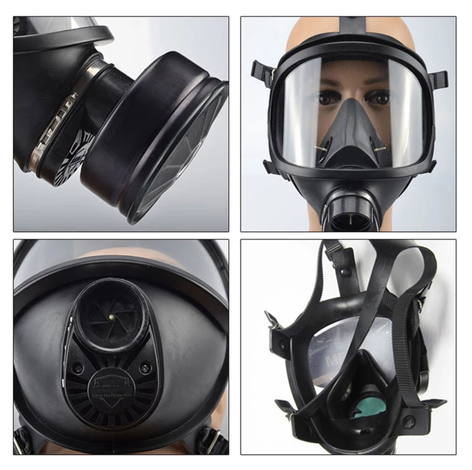 Four seller close-ups showing the respirator cartridge connection, visor, front valve area and adjustable head harness.