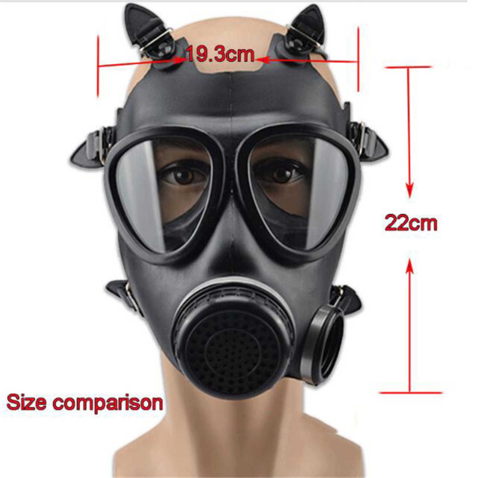 Seller sizing graphic showing the black full-face respirator at approximately 19.3 centimetres wide and 22 centimetres high.