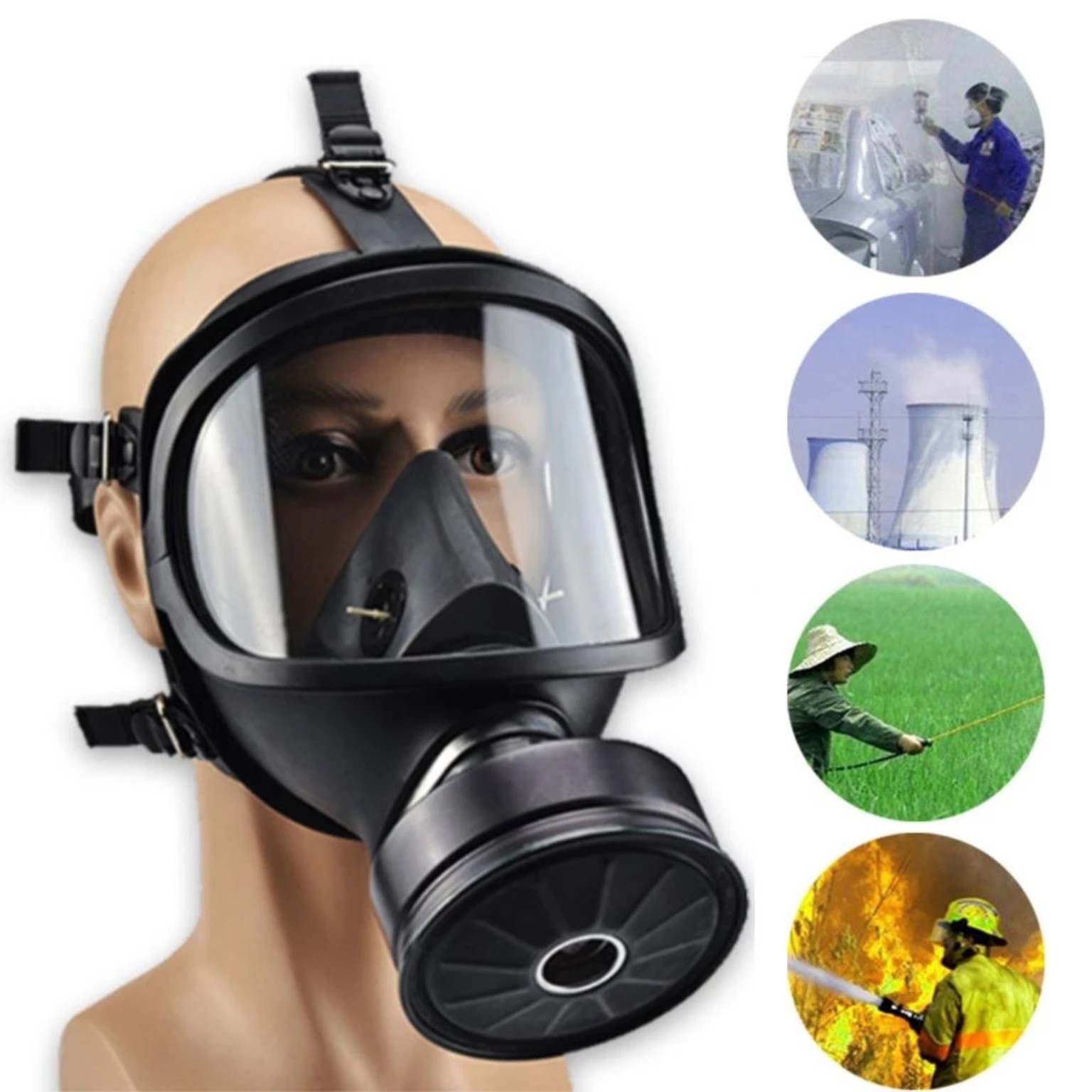 Person adjusting the filter canister on a black full-face respirator while wearing the facepiece.