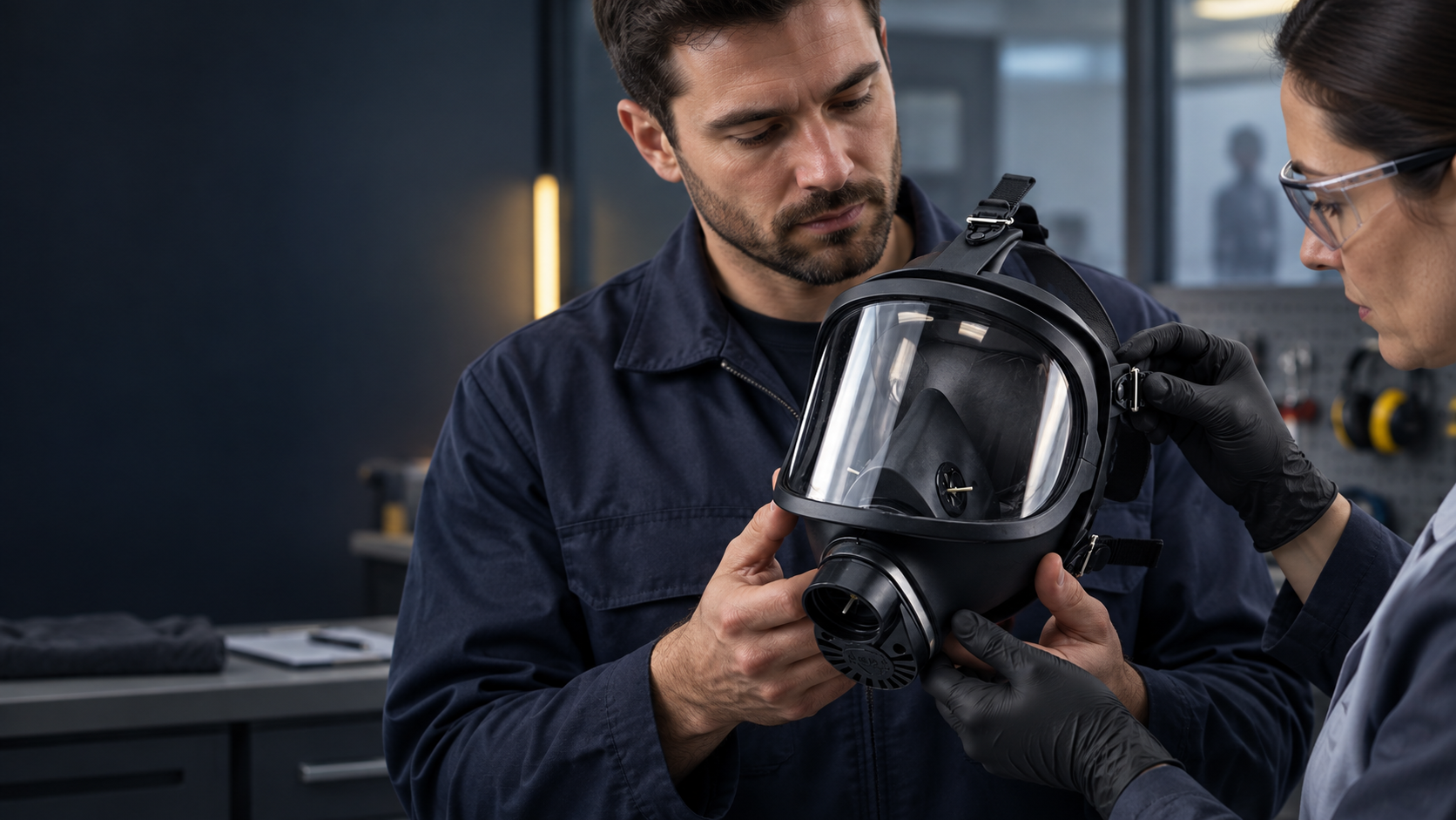 Safety professional and worker inspecting a black full-face respirator in a clean fit-testing room before use.