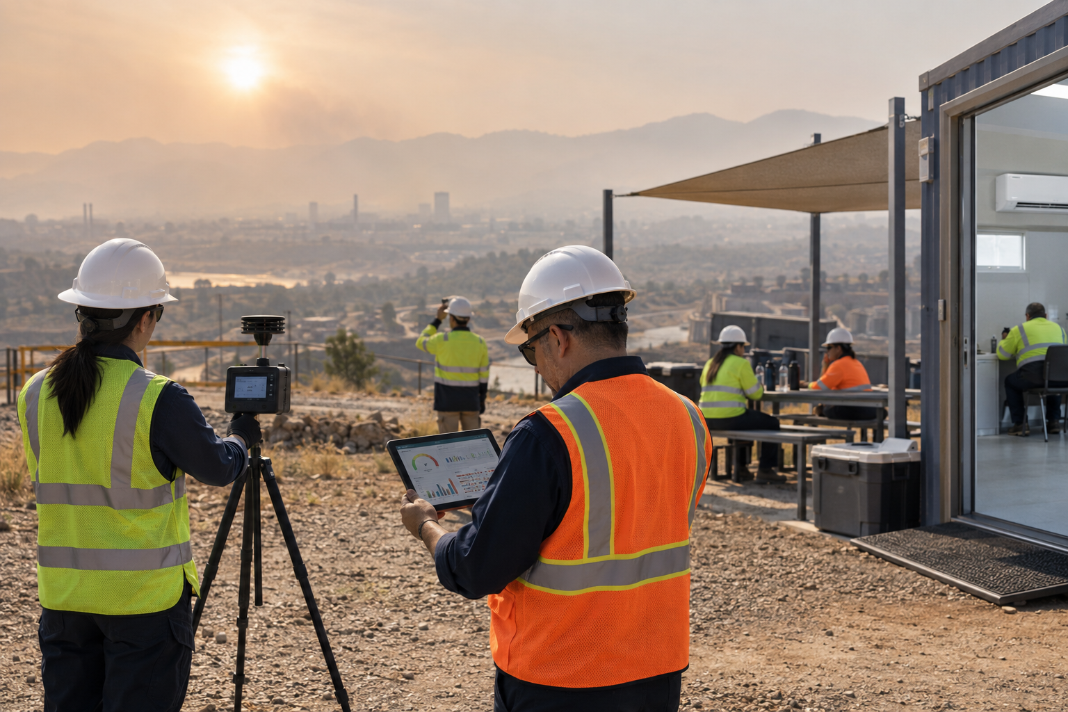 Occupational health professionals monitoring particulate pollution and heat at a hazy outdoor worksite beside a shaded rest area and clean-air refuge.