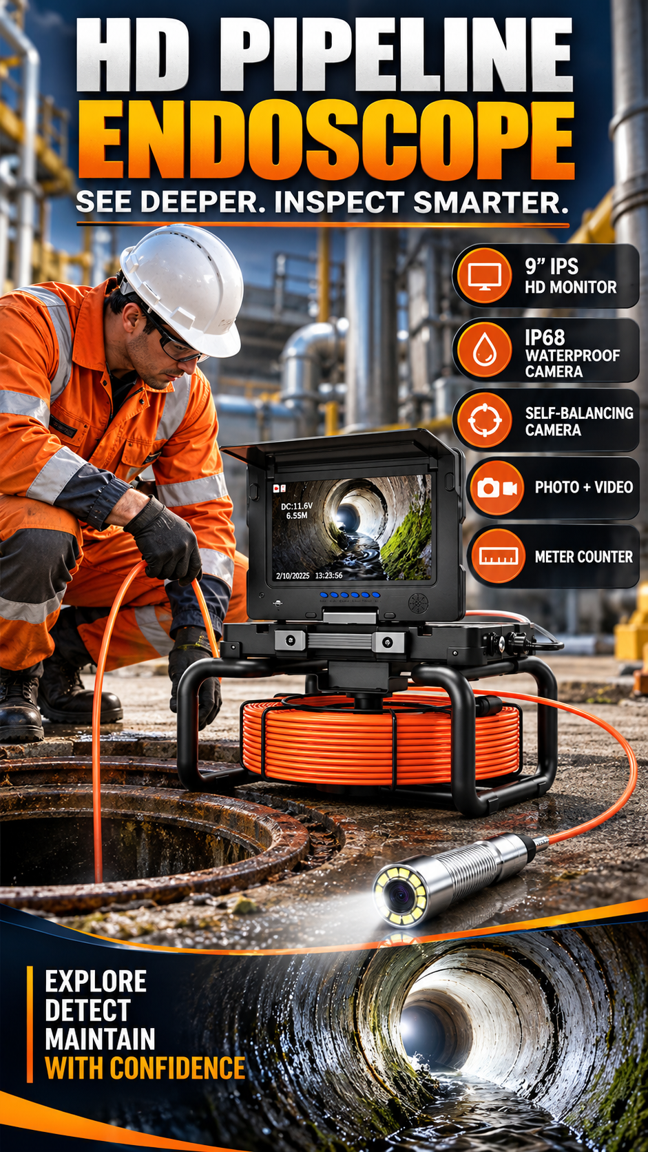 Promotional image of an HD pipeline inspection endoscope with a handheld display and flexible probe.