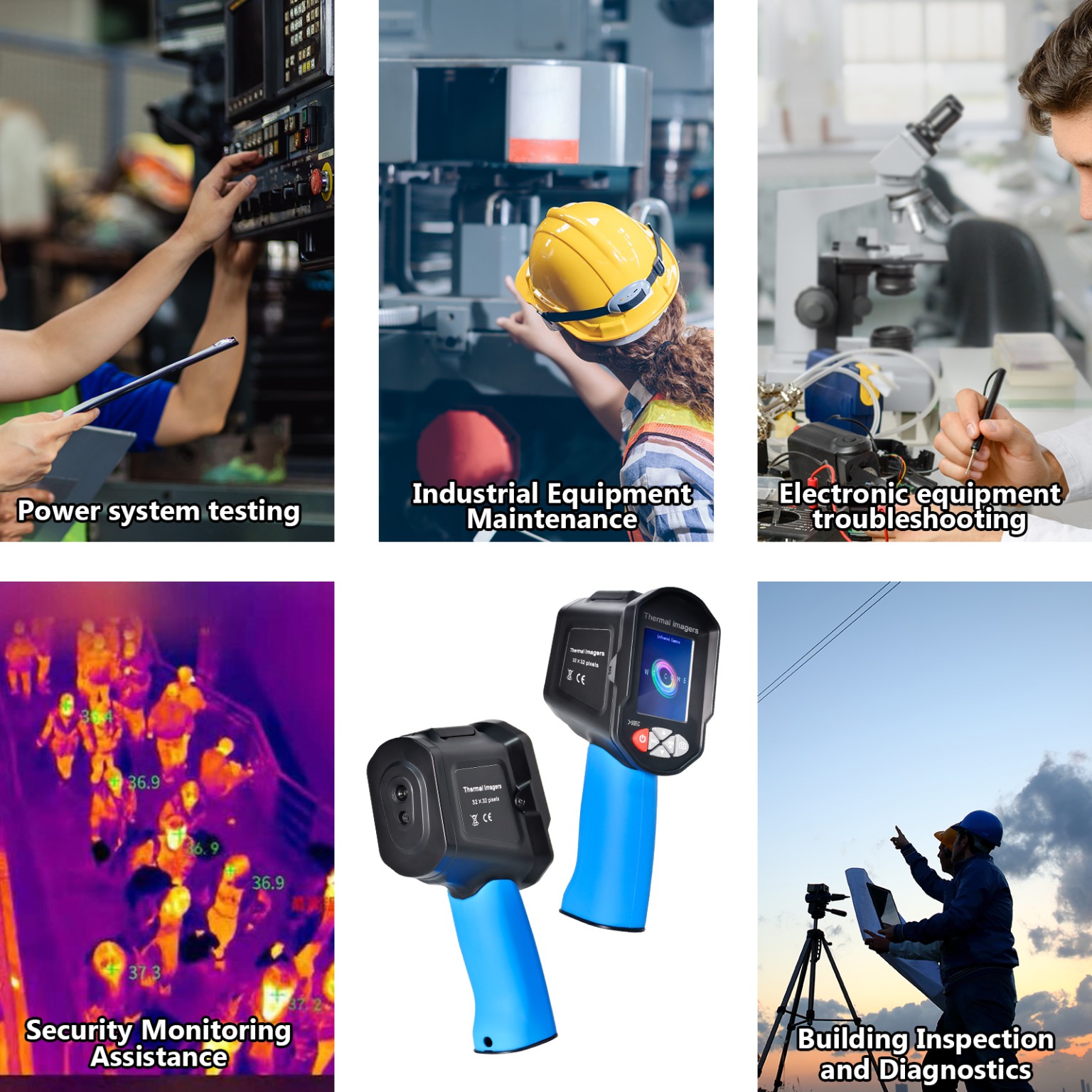 Illustrated application collage for thermal imaging, including machinery maintenance, electronics troubleshooting and building inspection.