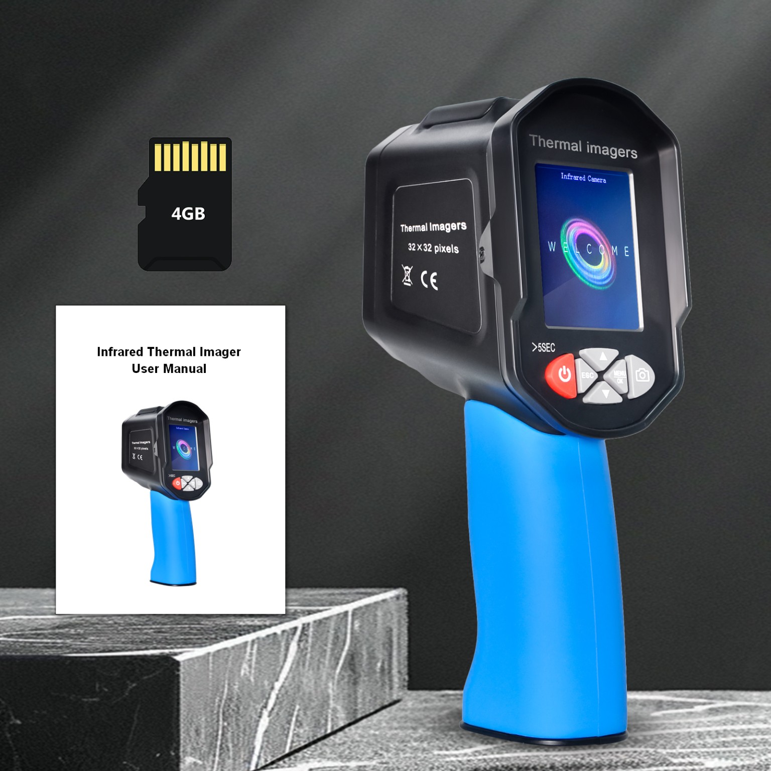 HP-950F thermal imager pictured with a four-gigabyte memory card and infrared camera user manual.