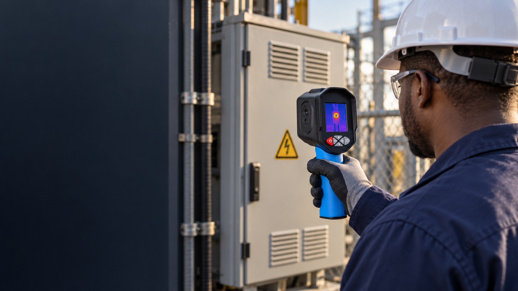 African electrical maintenance technician safely scanning a closed electrical cabinet with a blue-and-black handheld thermal imager.