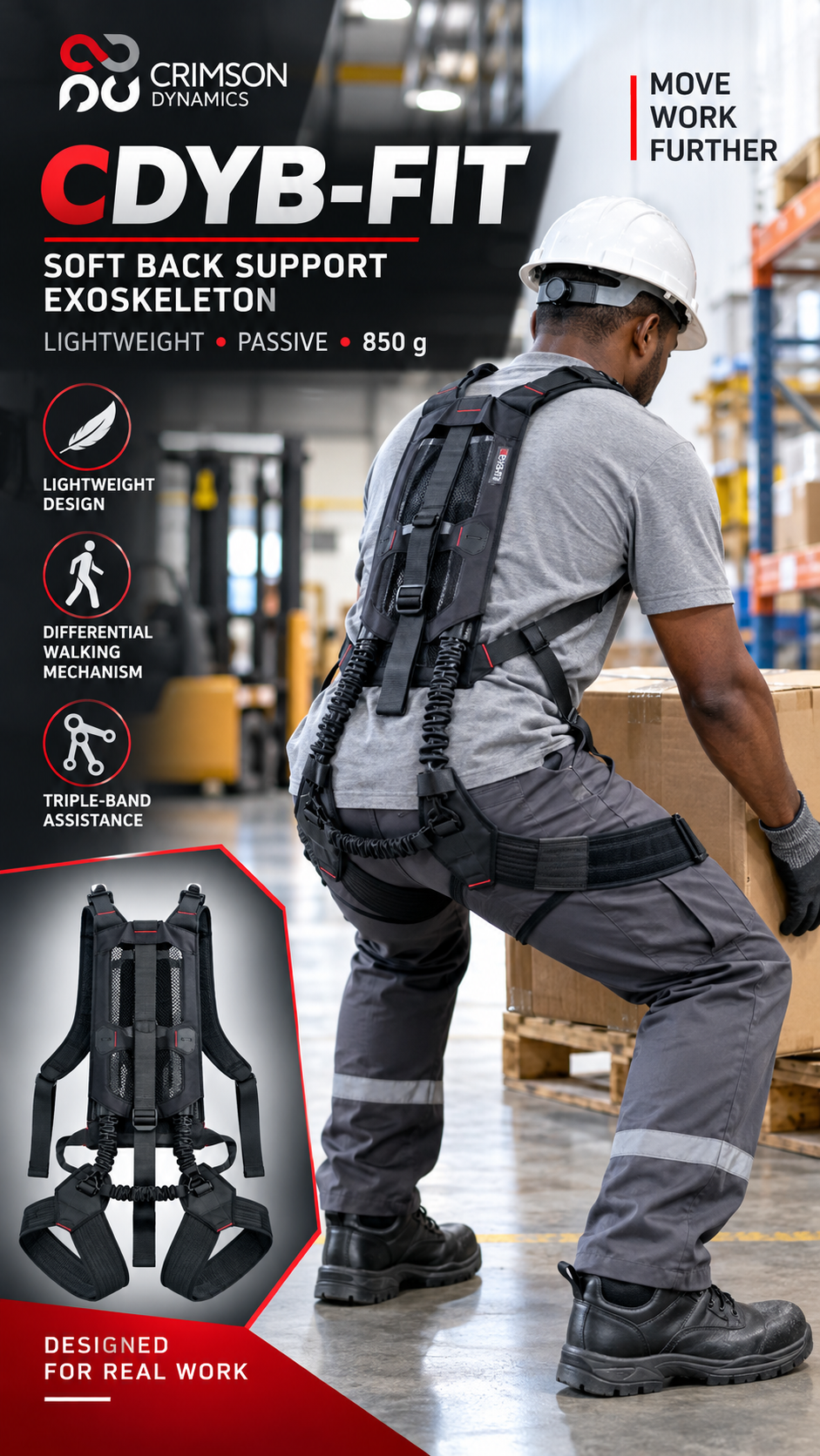 Promotional image showing a worker using a wearable industrial exoskeleton during a manual-handling task.