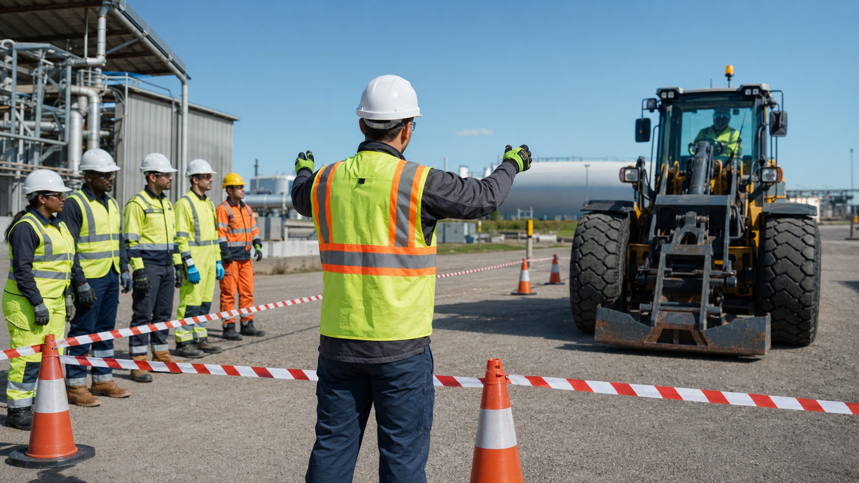 Industrial workers in protective equipment standing behind a marked exclusion zone while a spotter coordinates moving equipment.