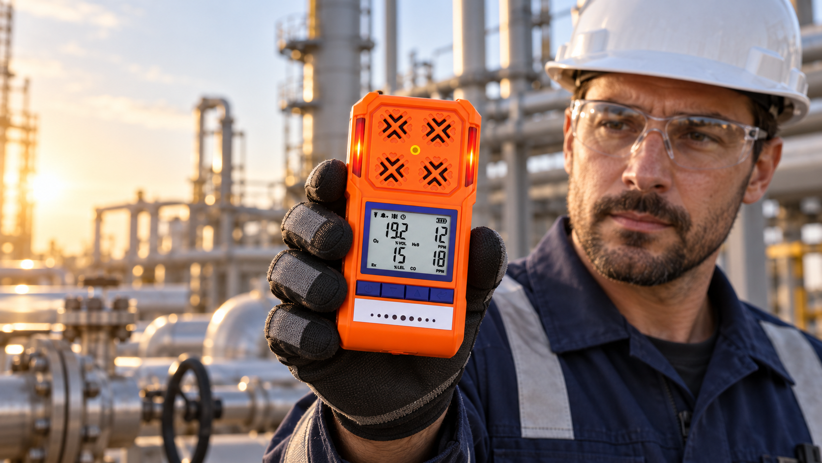 Industrial safety technician holding an orange NOHAWK four-gas detector at a process facility.