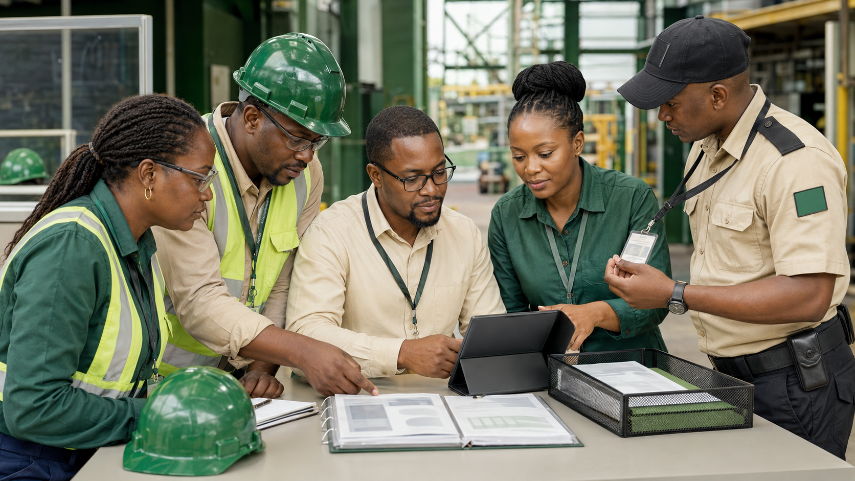 African operations and security professionals reviewing controlled work documents and an access-protected tablet during an industrial briefing.