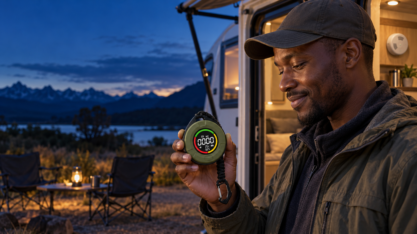 African camper checking a round olive-green portable air monitor beside an open RV with a separate fixed carbon-monoxide alarm visible inside.