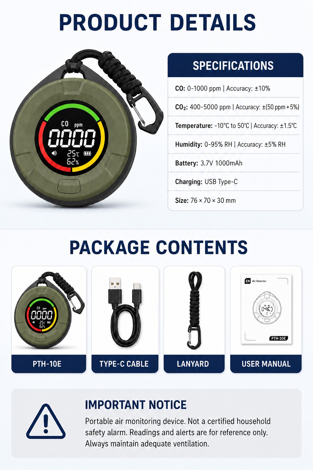 PTH-10E product details showing the round monitor, USB Type-C cable, lanyard and user manual.