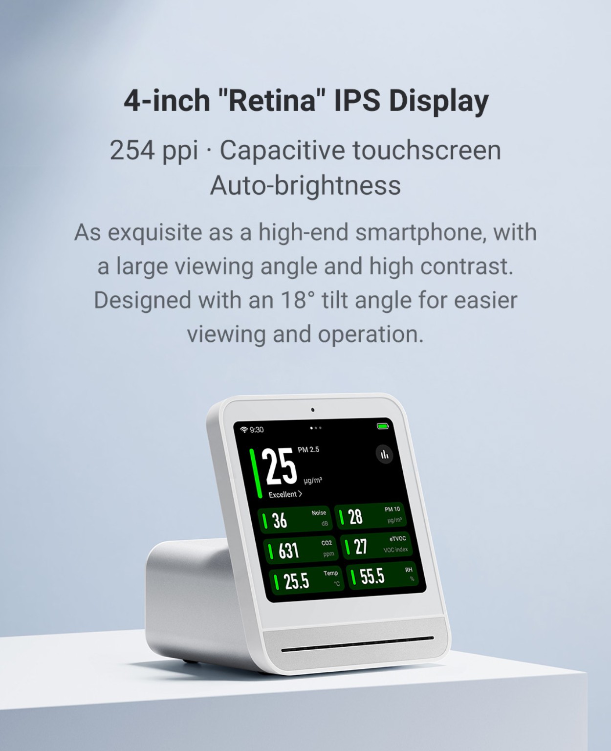 Qingping Home mobile app screens showing Air Monitor 2 readings, recommendations and historical charts.
