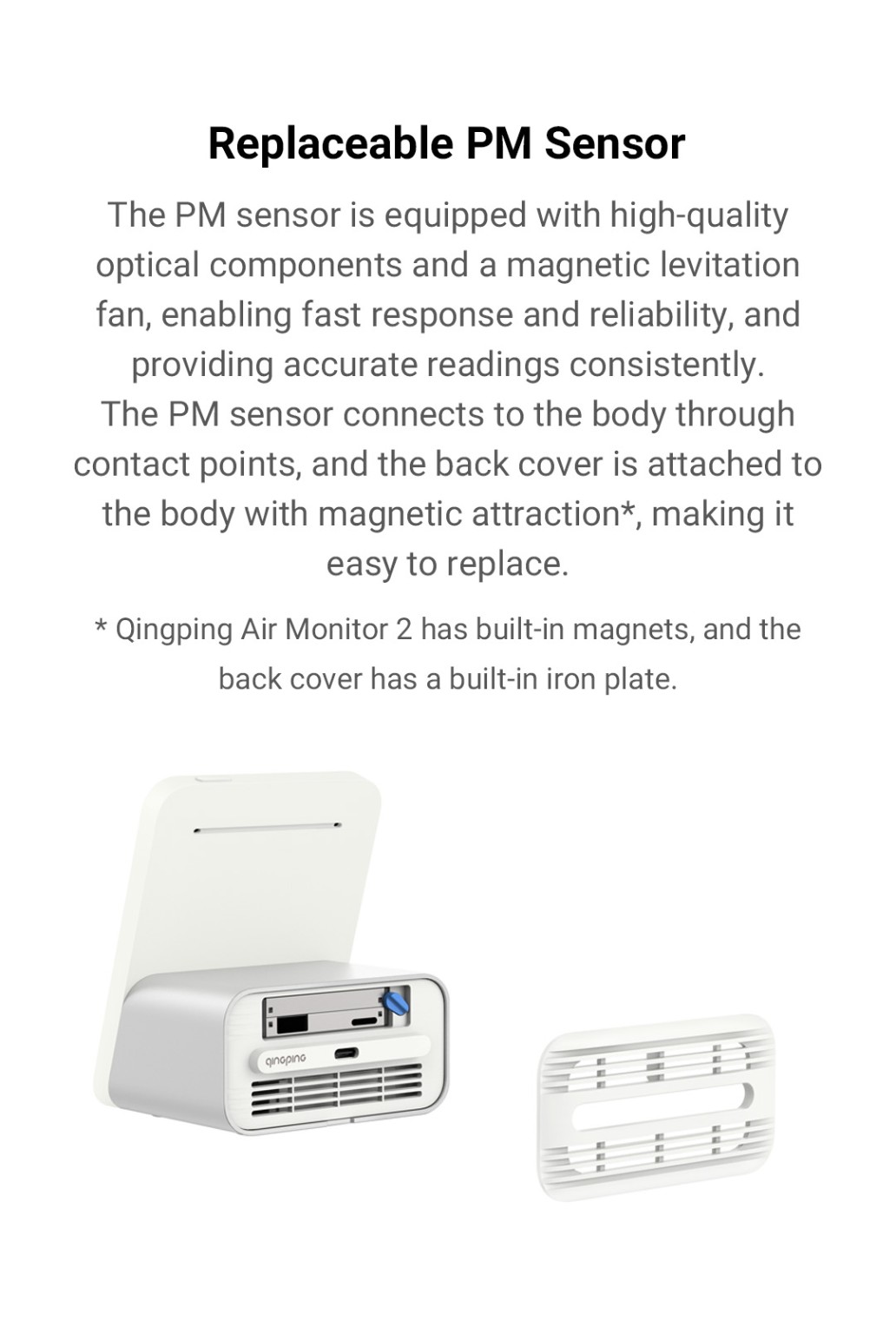 White Qingping Air Monitor 2 with four-inch capacitive touchscreen displaying seven colour-coded indoor-air readings.