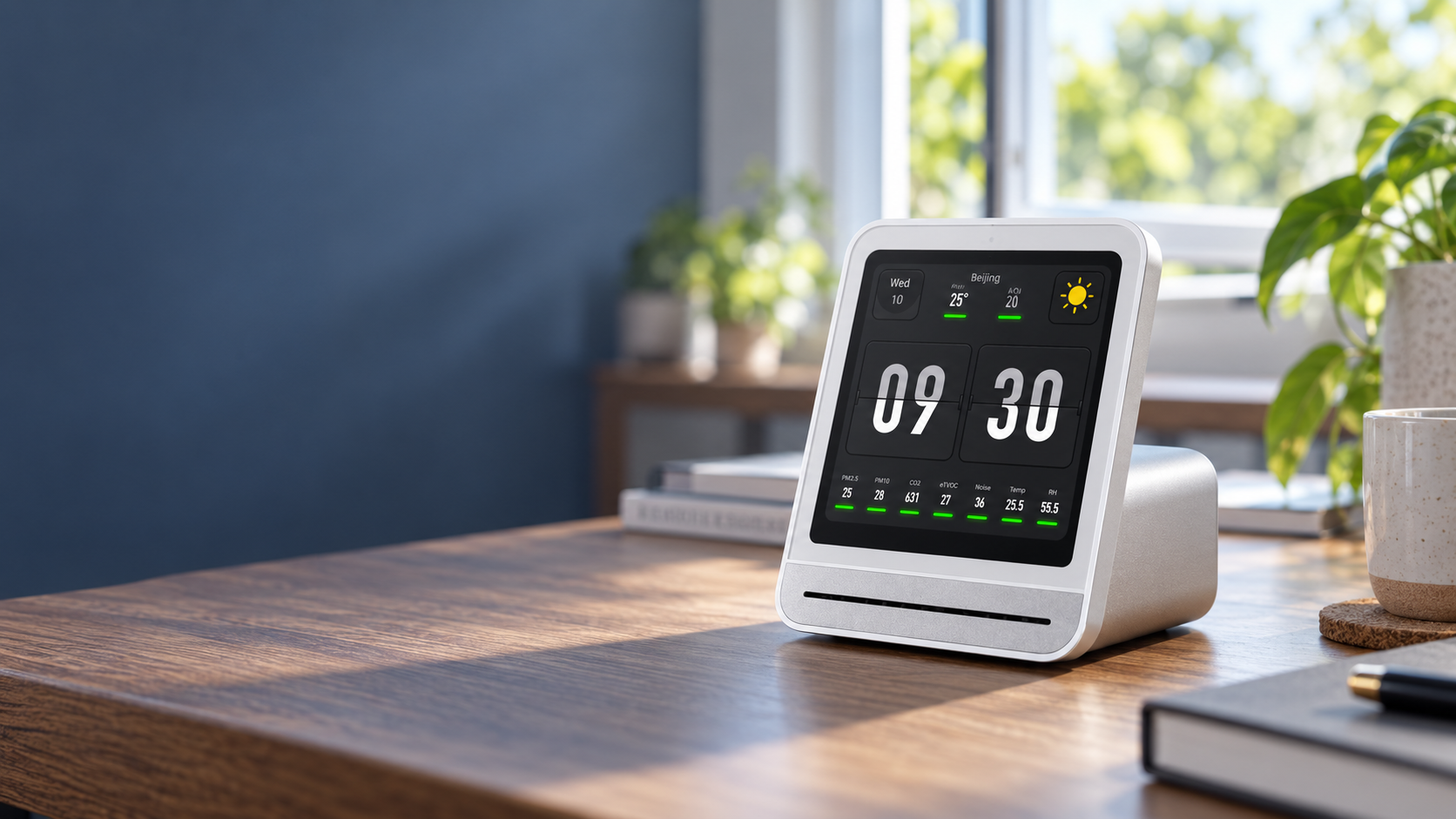 White Qingping Air Monitor 2 displaying seven indoor-air readings on a wooden desk beside an open window.