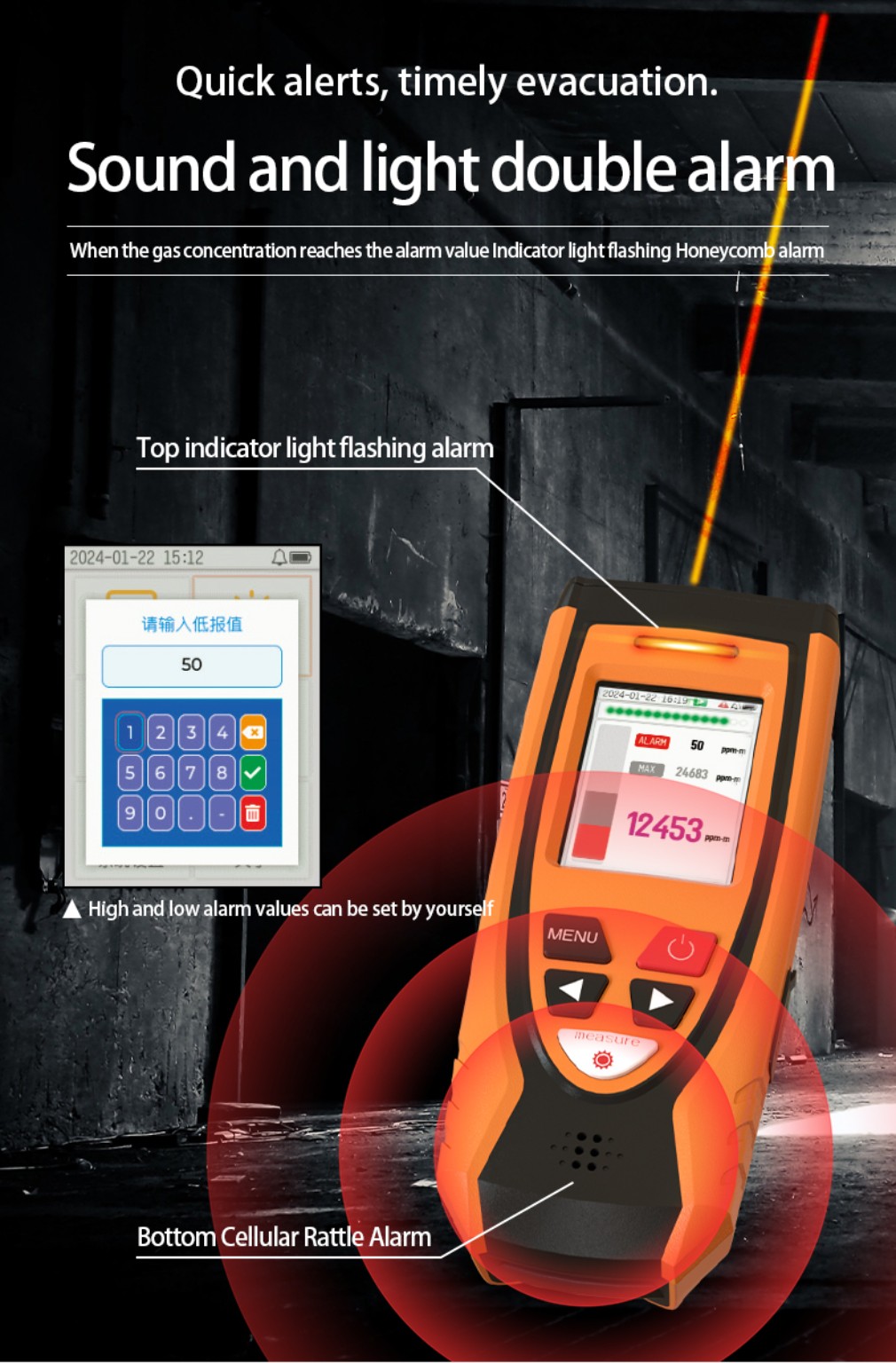 Marketplace illustration of the remote methane detector's sound and light alarm functions.