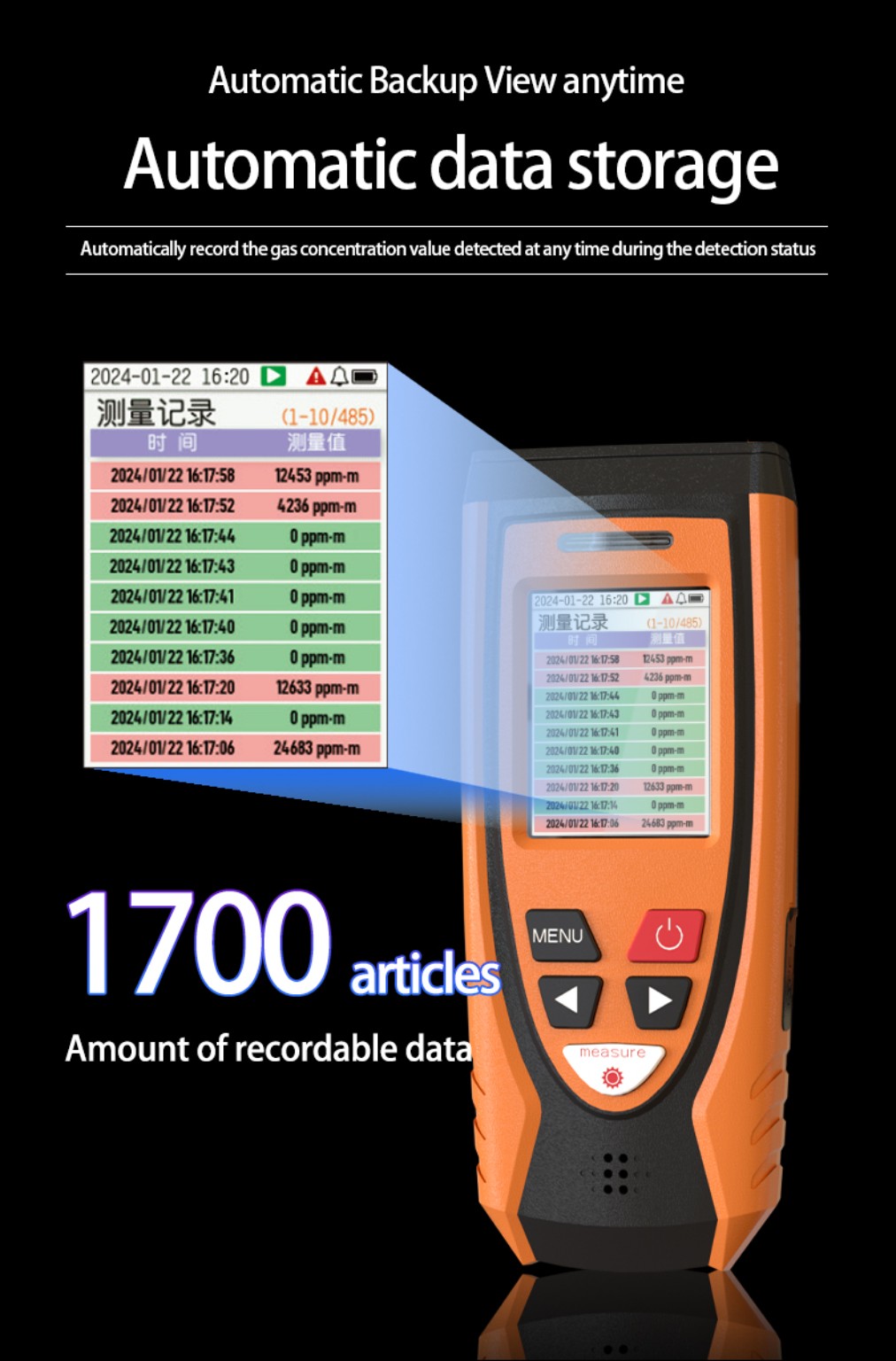 Remote laser methane detector listing image showing stored methane measurement records on its colour screen.