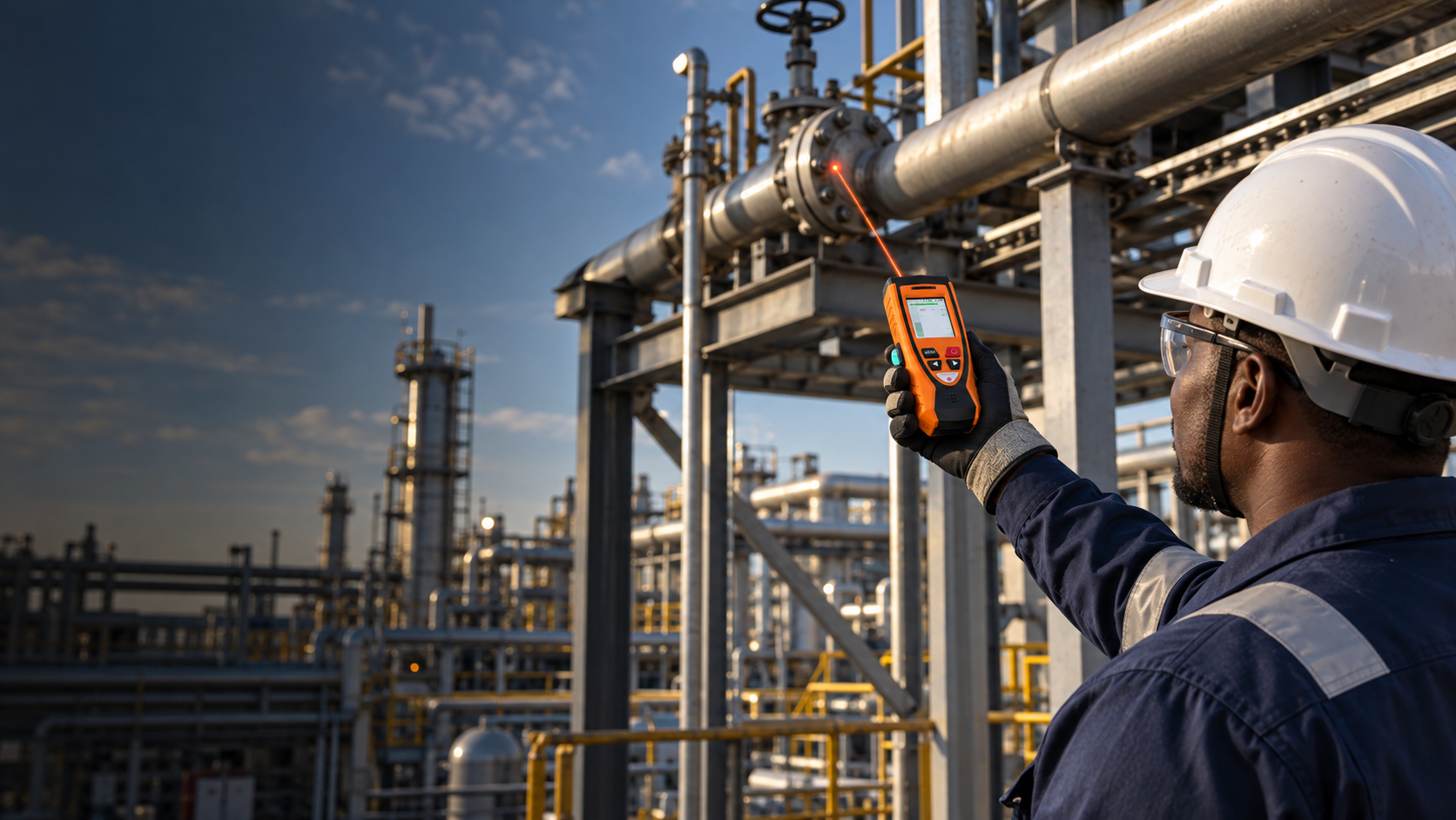 African industrial technician using an orange handheld remote laser methane detector to screen an elevated pipe flange from a safe position.
