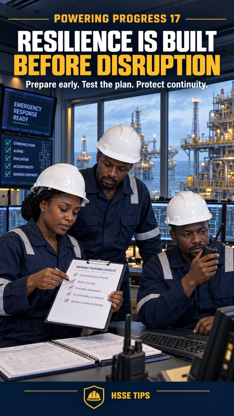 Illustrative African offshore operations team reviewing an emergency-response checklist and testing communications equipment in a control room.