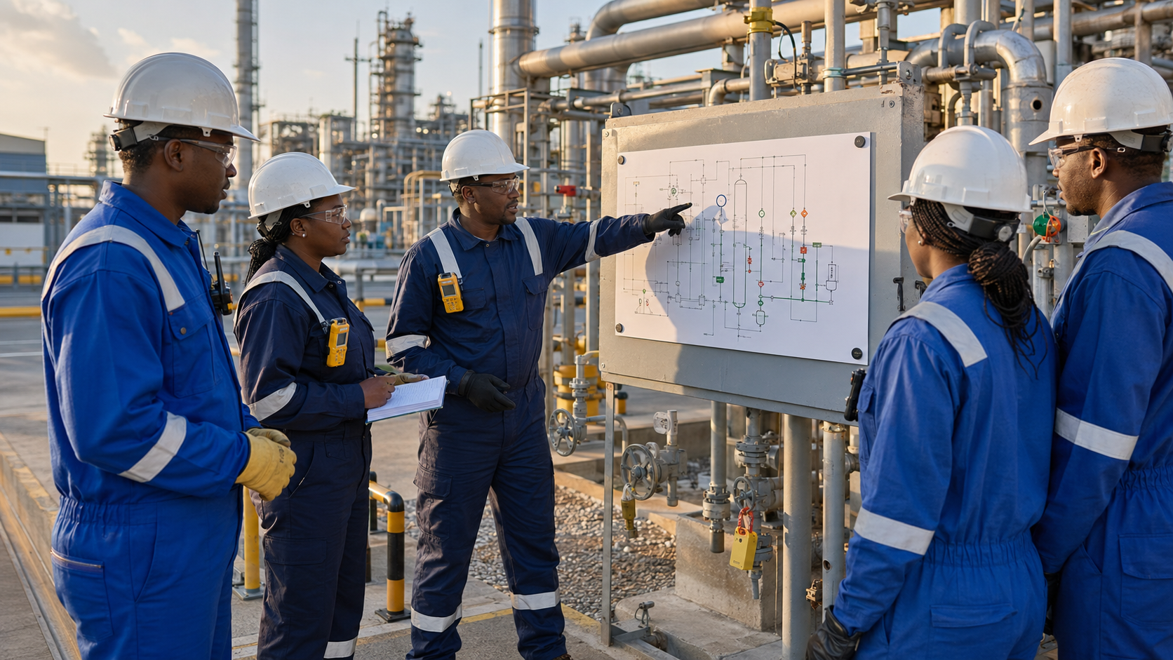 Illustrative offshore operations team reviewing work controls beside process equipment.