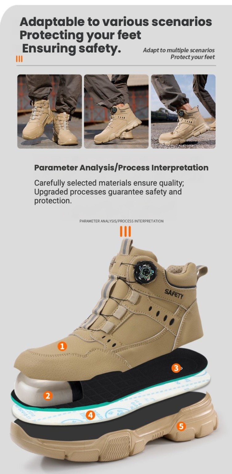Exploded seller illustration of a tan high-top safety boot showing a toe cap, insole, claimed puncture-resistant layer and outsole.
