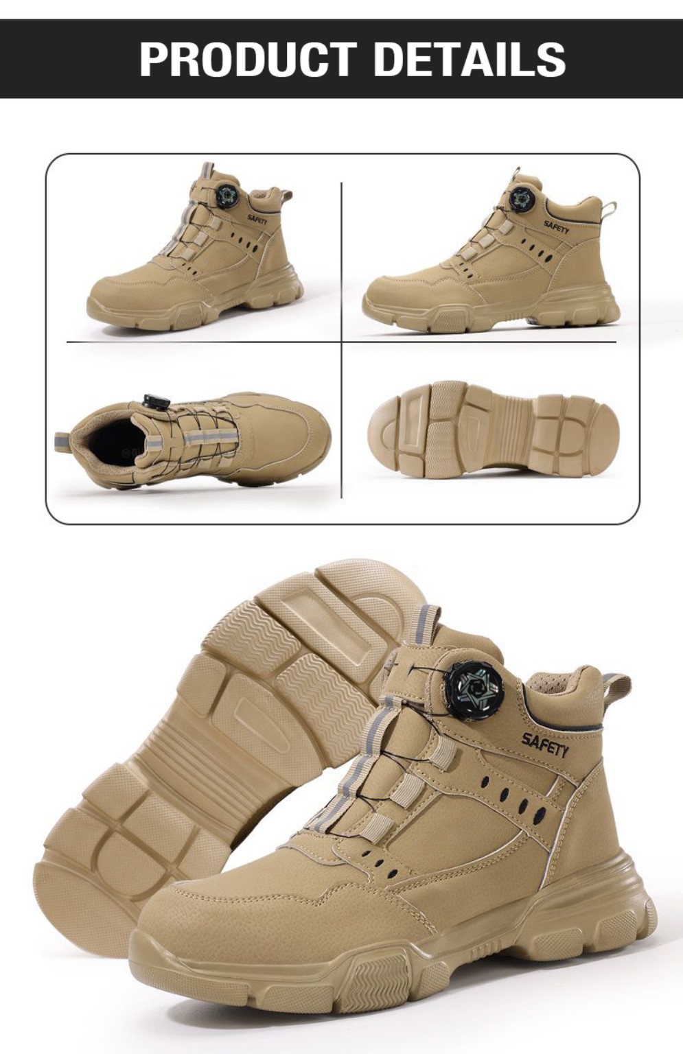 Seller product-detail collage showing front, side, top and outsole views of tan rotary-dial high-top safety boots.