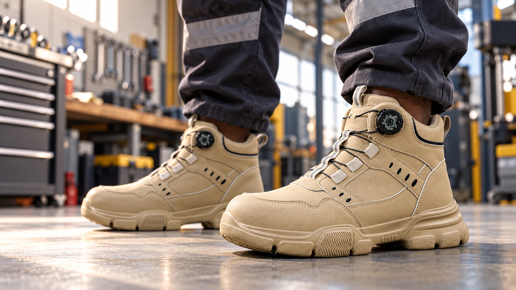 African industrial maintenance worker wearing tan rotary-dial high-top safety boots on a clean workshop floor.