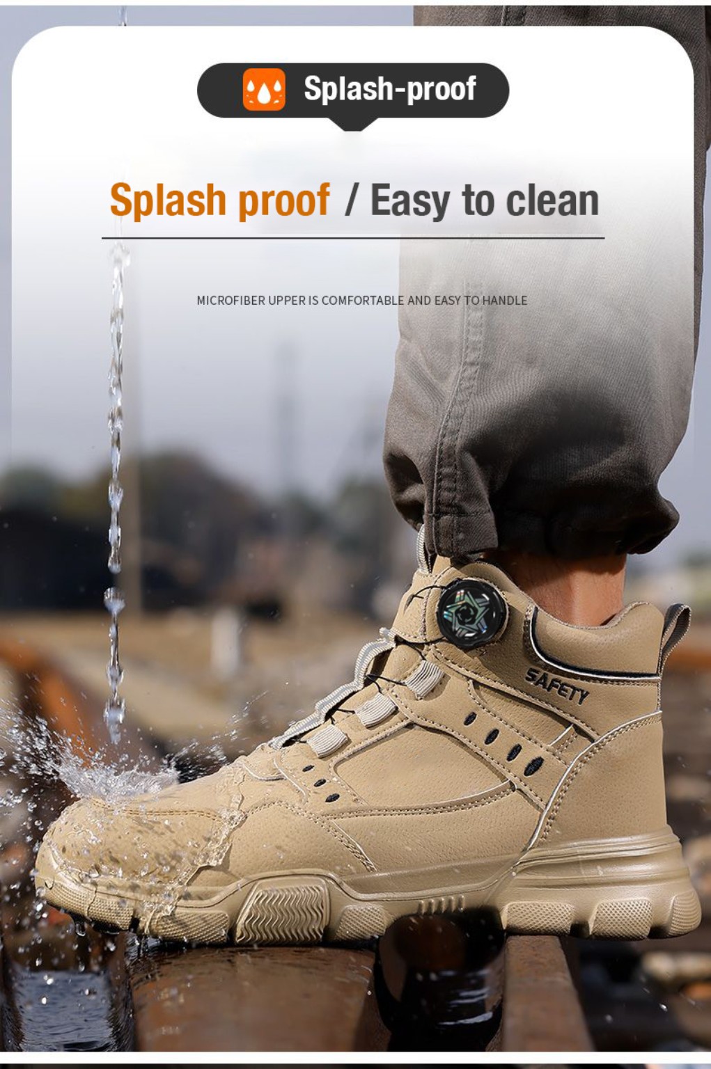 Seller demonstration showing water splashing on a tan microfiber high-top safety boot.