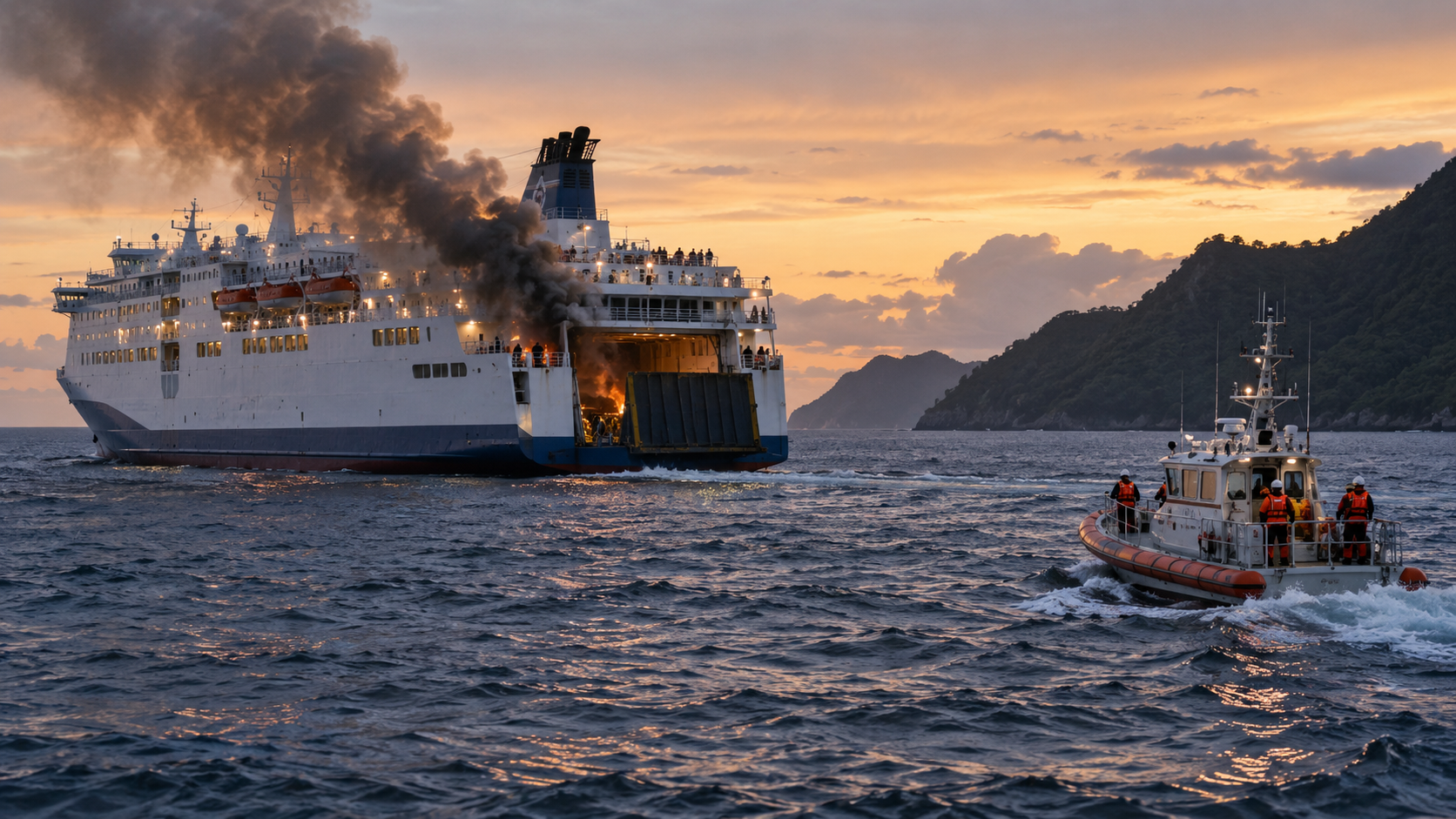 Illustrative passenger ferry fire-response scene showing a rescue vessel approaching a smoking ferry at sea; this is not an image of the MV June Aster incident.