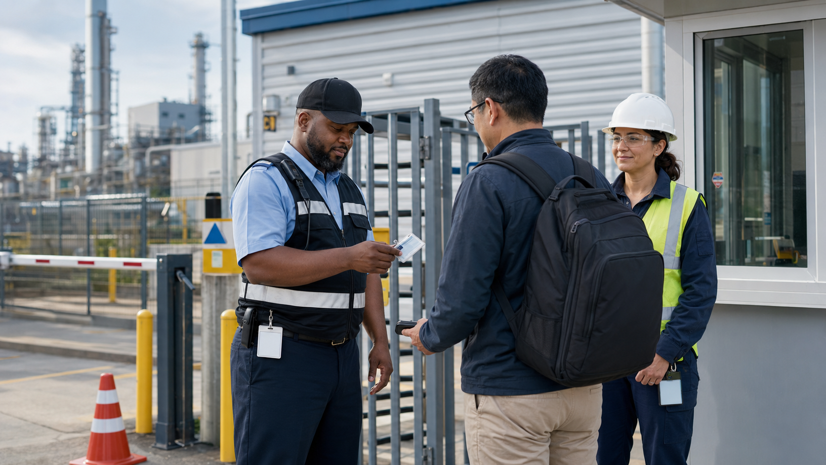 Security and operations personnel calmly checking a visitor’s credentials at an industrial facility entrance.