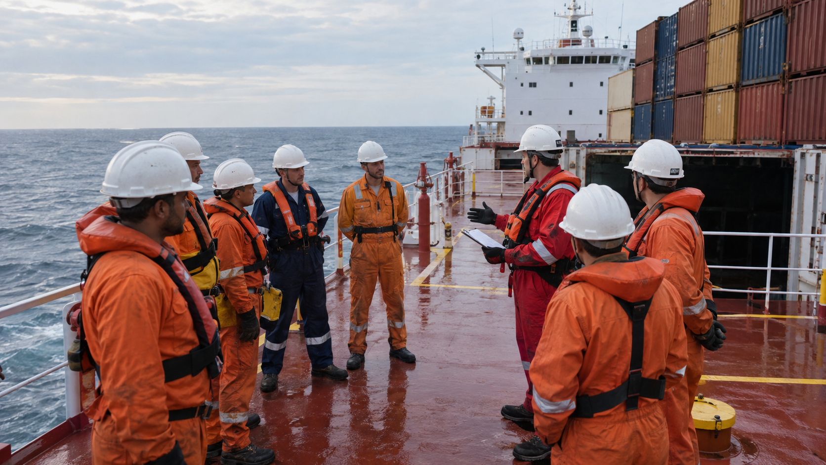 Illustrative image of a commercial vessel and crew conducting a maritime emergency muster; it does not depict any of the IMO-listed incidents.