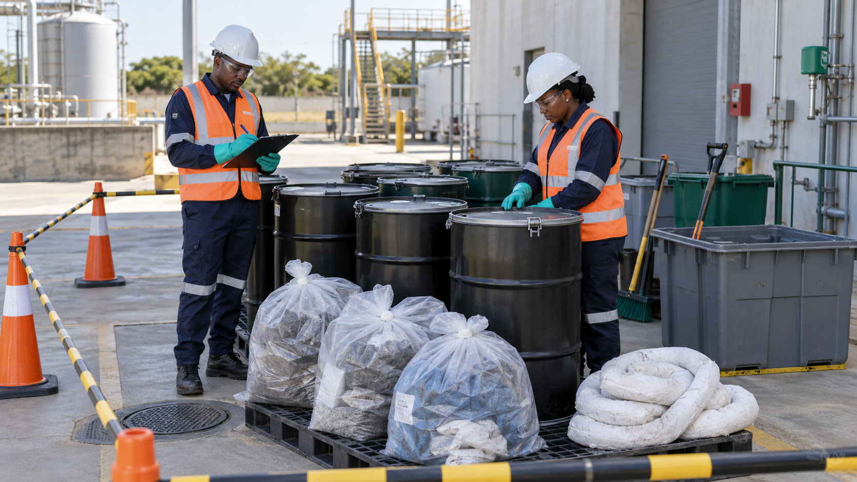 A trained worksite team assessing waste hazards before a controlled cleanup.