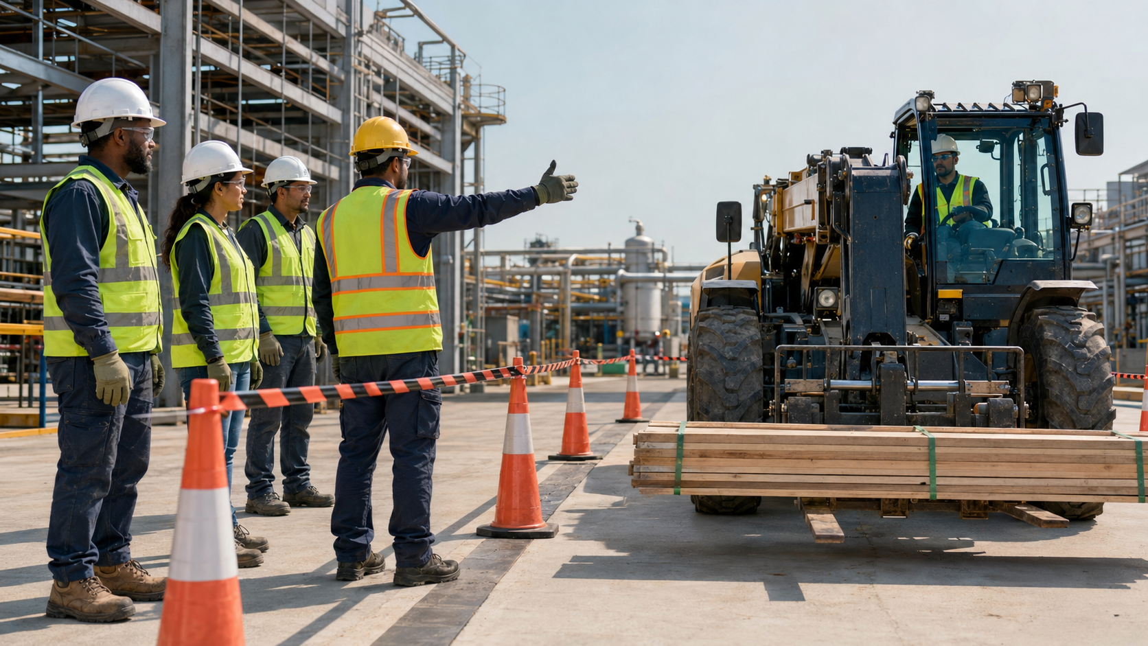 Workers in protective equipment keeping behind a marked exclusion zone while equipment operates.