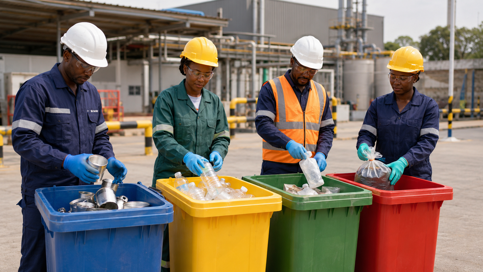 Workers correctly sorting waste at source into clearly designated containers.