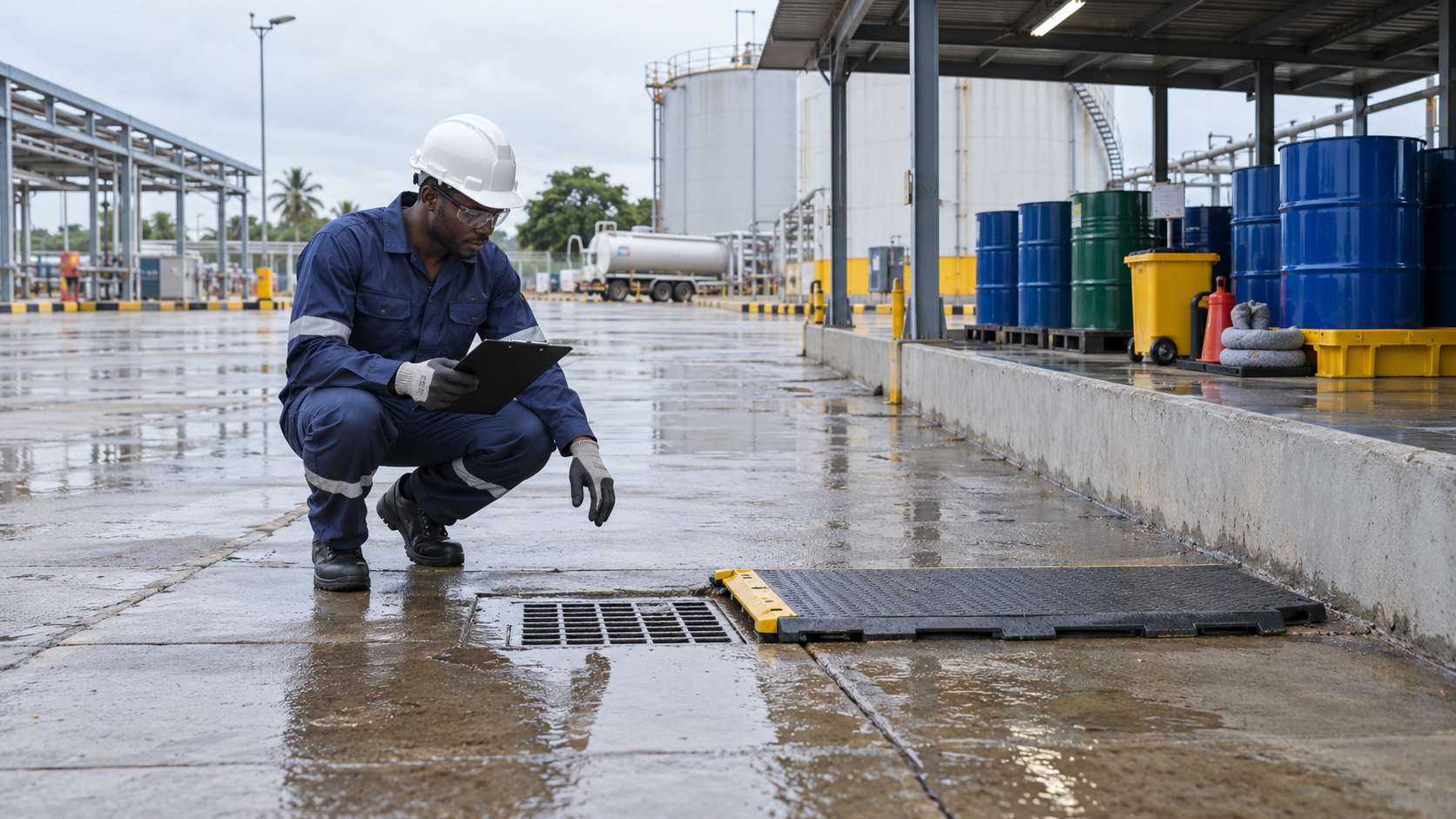 A worksite team inspecting housekeeping and drainage protection controls together.