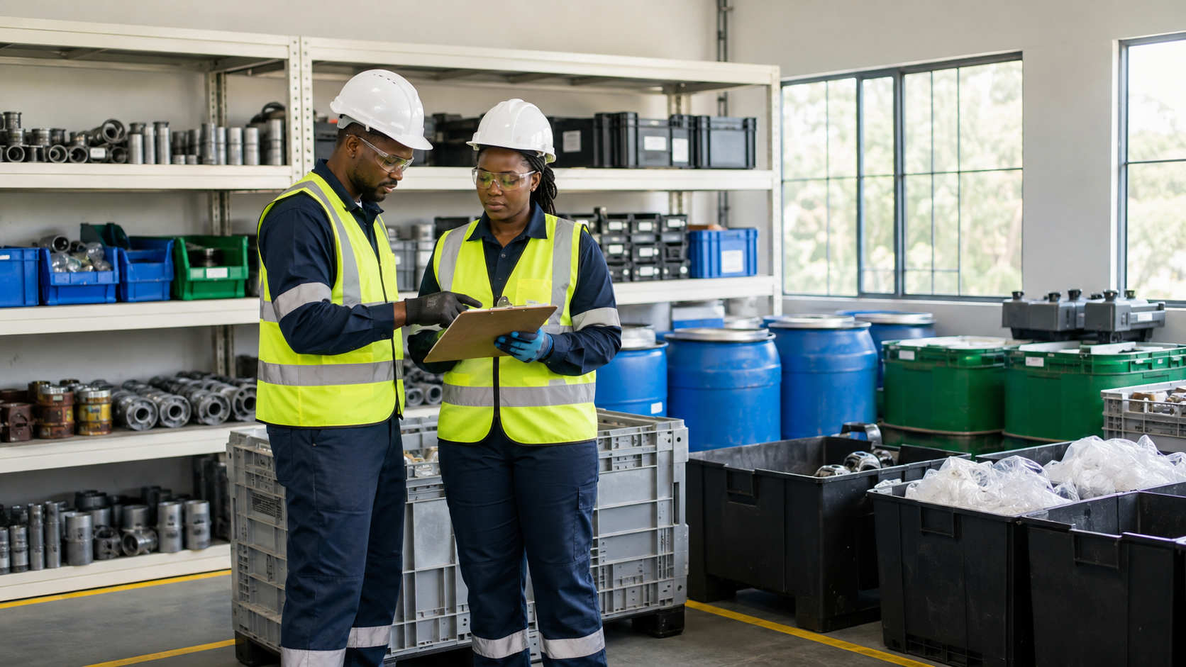 Workers reviewing segregated materials and waste-prevention opportunities at an industrial site.