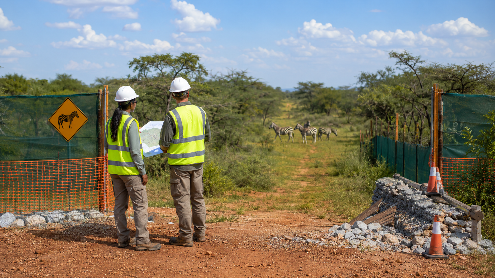 Two environmental professionals reviewing a site map beside temporary worksite fencing that leaves a vegetated wildlife corridor open as zebras pass in the distance.